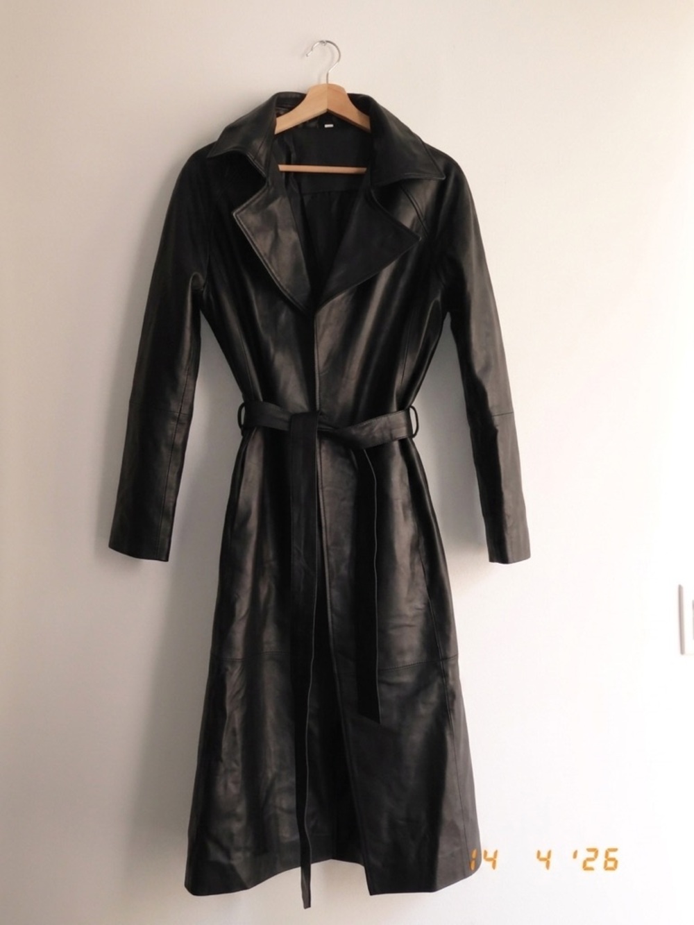 Women’s Black Leather Trench Coat with Waist Tie